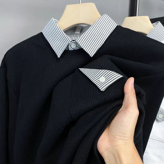 Ribbed Elegance Striped Collar Sweatshirt