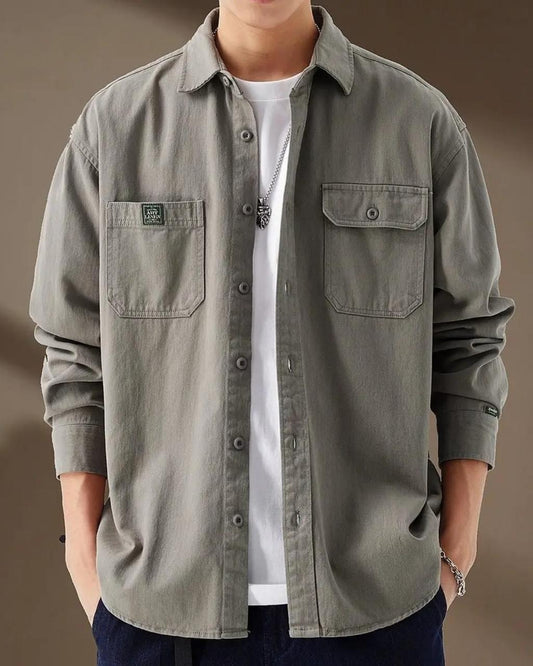 Spring Loose Korean Casual Striped Double Pocket Shirt