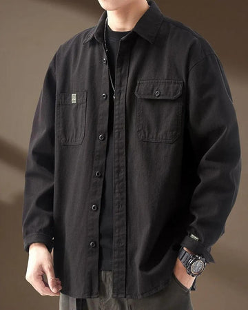 Spring Loose Korean Casual Striped Double Pocket Shirt