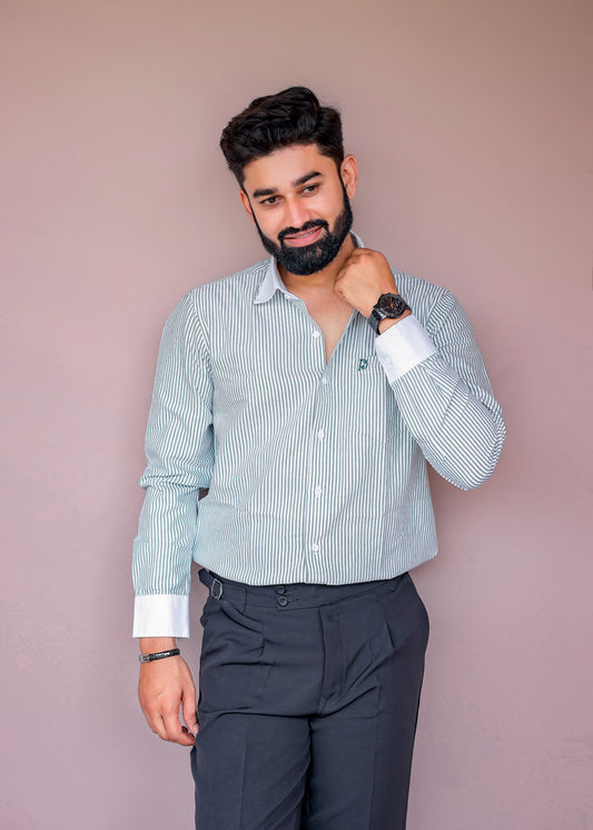 Water-Resistant Green Stripe Cotton Shirt