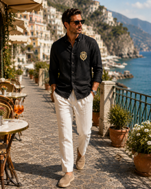 Midnight Black Embroidered Linen Blend Shirt