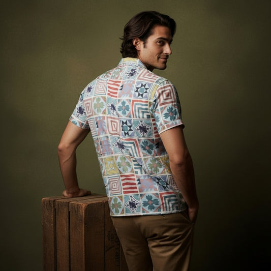Patchwork Style Abstract Print Casual Shirt