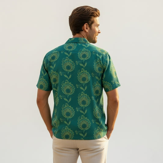 Men Classic Oversized Fit Floral Printed Cuban Collar Cotton Casual Shirt