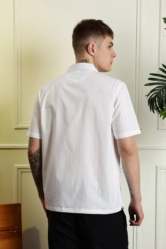 Men’s White Abstract Embroidered Half Sleeve Shirt