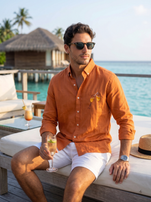 Sunset Orange Embroidered Linen Blend Shirt