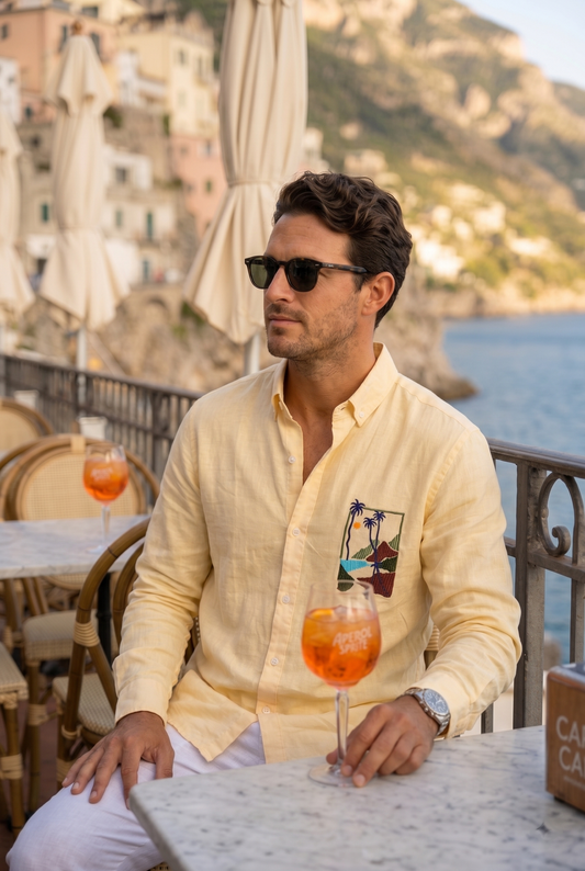Coastal Beige Embroidered Linen Blend Shirt