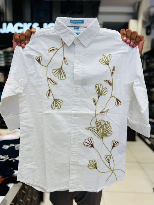 White Floral Embroidered Shirt