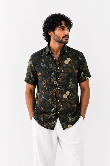 Midnight Forest Bird Print Shirt