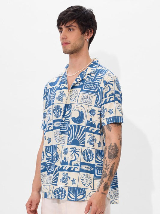 "Good Vibes Only" Coastal Print Rayon Shirt