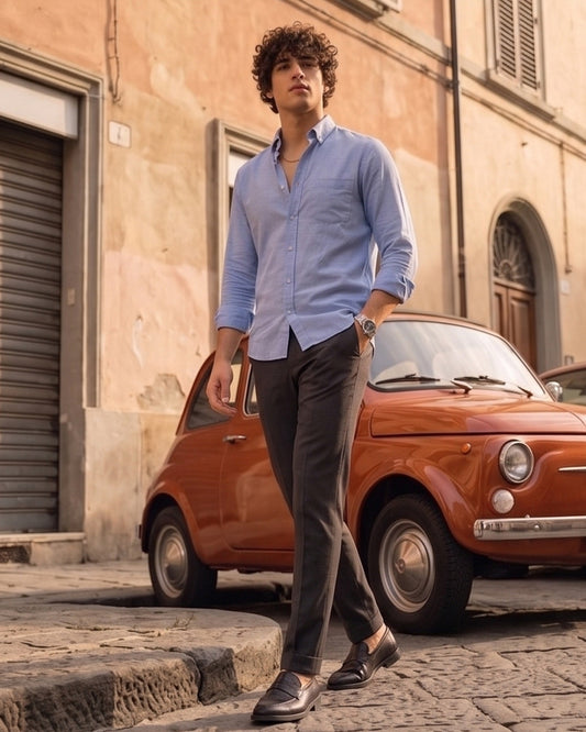 Sky Blue Oxford Linen Blend Shirt