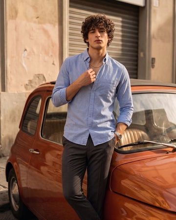 Sky Blue Oxford Linen Blend Shirt