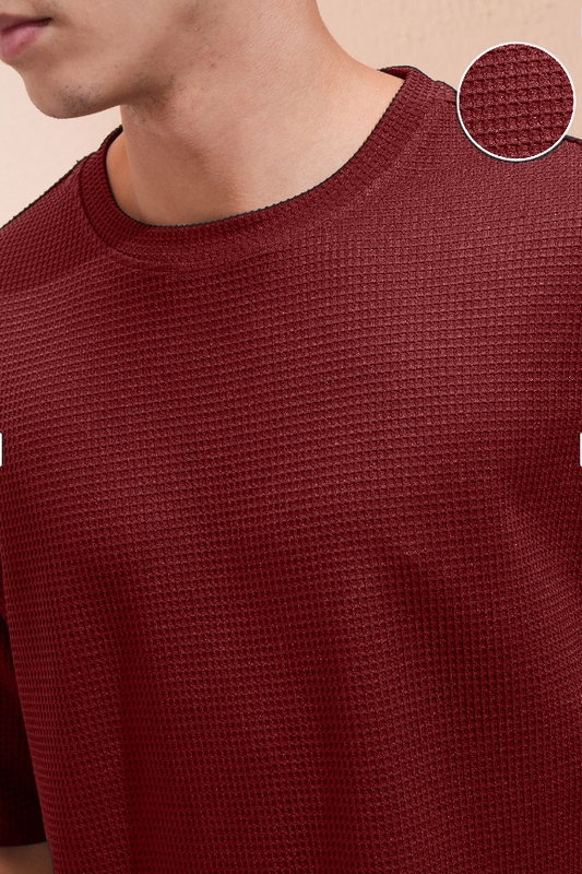 Oversized Maroon Waffle Weave T-shirt & Shorts Combo