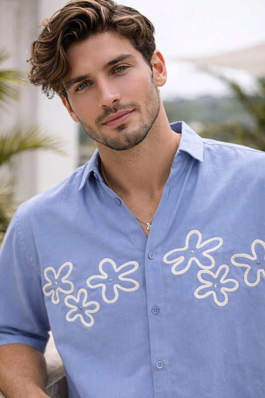 Men’s Sky Blue Embroidered Half Sleeve Cotton Shirt