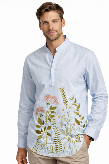Botanical Elegance In Light Blue Shirt