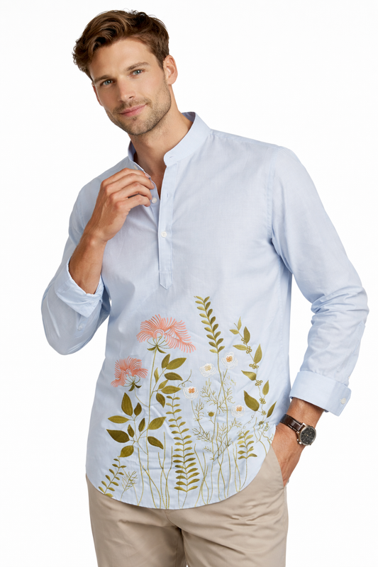 Botanical Elegance In Light Blue Shirt