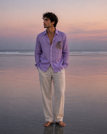 Lavender Linen Blend Shirt with Regal Eagle Embroidery