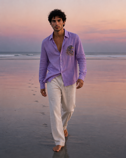 Lavender Linen Blend Shirt with Regal Eagle Embroidery