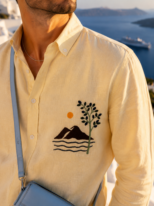 Butter Yellow Linen Blend Shirt with Coastal Landscape Embroidery