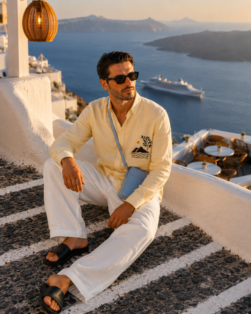 Butter Yellow Linen Blend Shirt with Coastal Landscape Embroidery