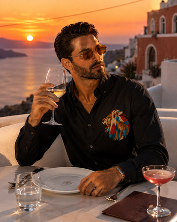 Midnight Black Linen Blend Shirt with Regal Lion Embroidery