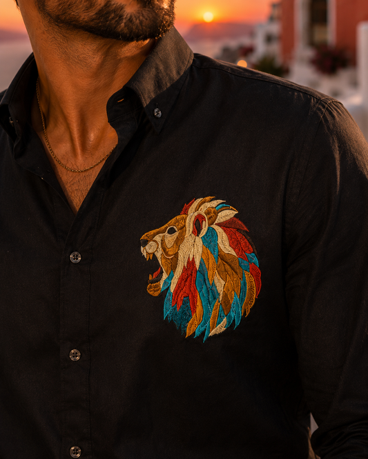 Midnight Black Linen Blend Shirt with Regal Lion Embroidery