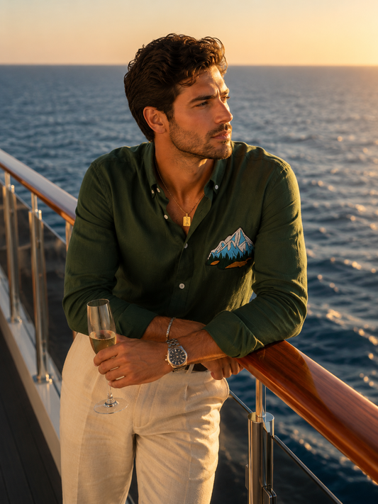 Forest Green Linen Blend Shirt with Alpine Peak Embroidery