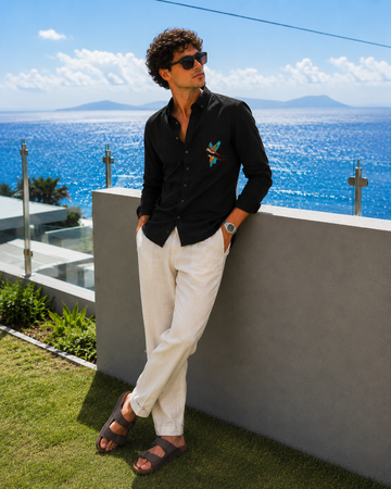 Black Linen Blend Shirt with Tropical Macaw Embroidery