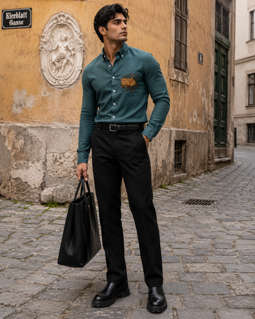 Deep Teal Linen Blend Shirt with Regal Owl Embroidery