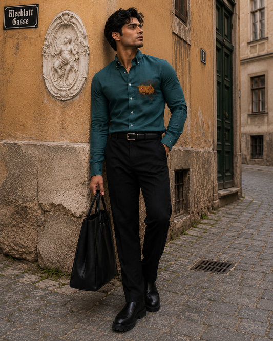 Deep Teal Linen Blend Shirt with Regal Owl Embroidery
