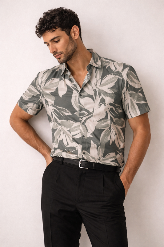OLIVO - GREEN REGULAR FIT ABSTRACT FLORAL SHIRT