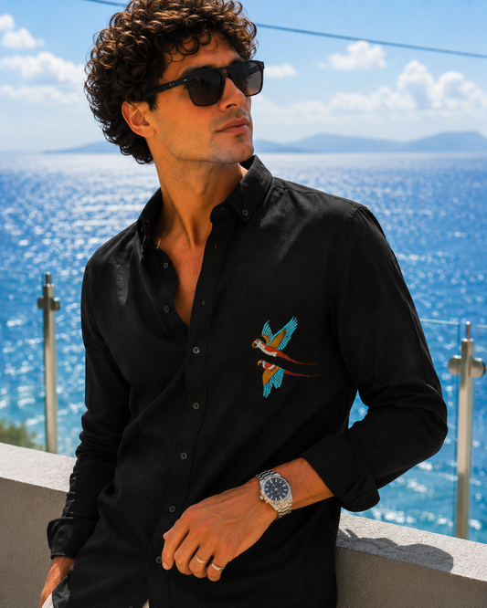 Black Linen Blend Shirt with Tropical Macaw Embroidery
