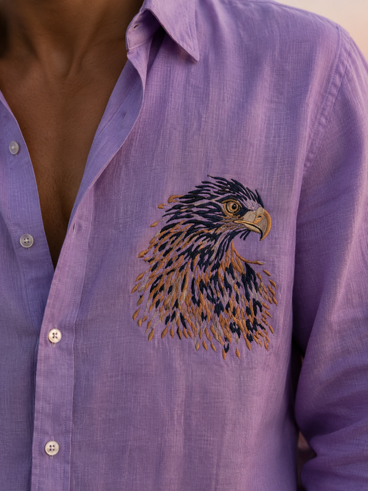 Lavender Linen Blend Shirt with Regal Eagle Embroidery