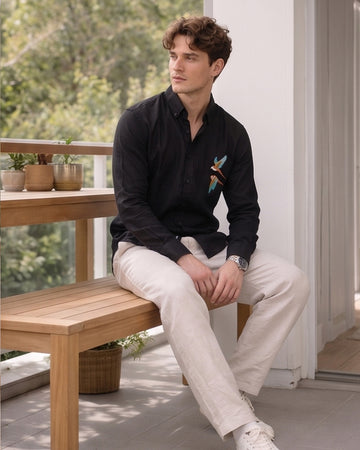 Black Linen Shirt with Tropical Bird Embroidery