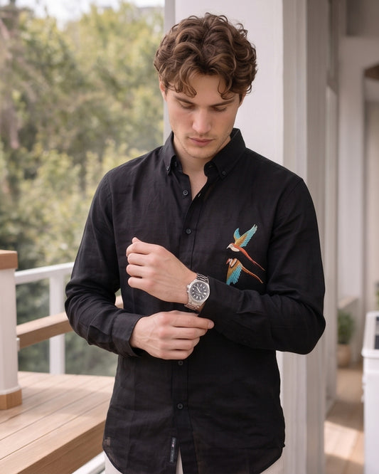 Black Linen Shirt with Tropical Bird Embroidery