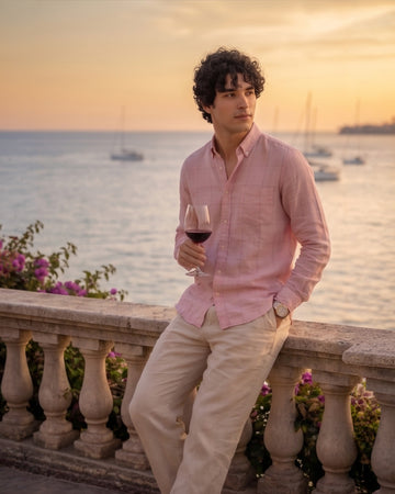 Dark Pink Check Linen Blend Shirt