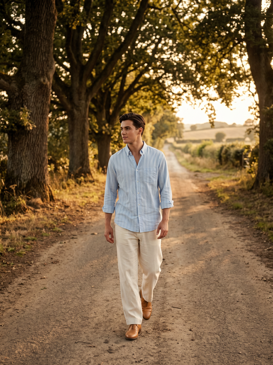 Sky Blue Striped Pure Giza Cotten Shirt