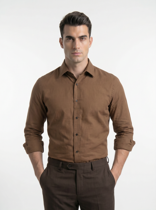 Brown Structured Shirt – Casual Regular Fit Cotton Shirt