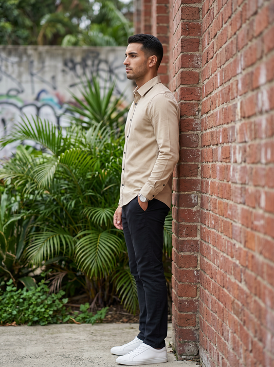 SAND BEIGE TEXTURED TWILL SHIRT