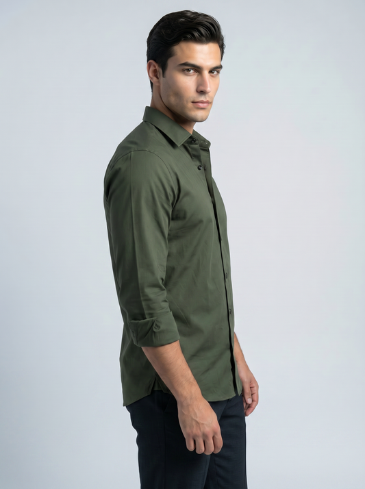 Olive Green Structured Shirt – Dark Green Casual Regular Fit Shirt