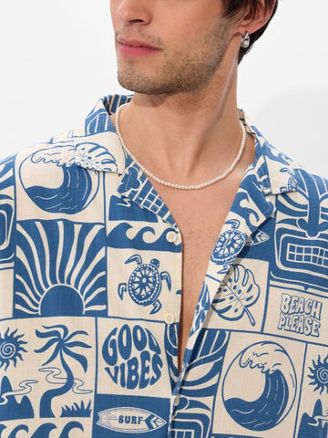 "Good Vibes Only" Coastal Print Rayon Shirt