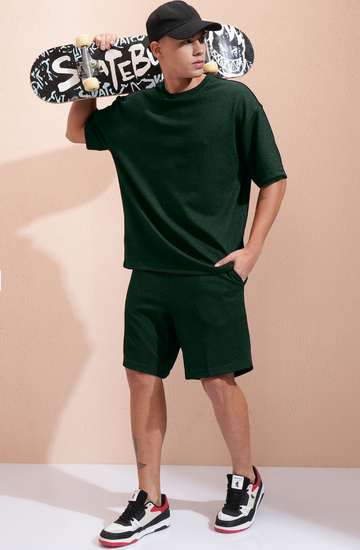 Oversized Green Waffle Weave T-shirt & Shorts Combo