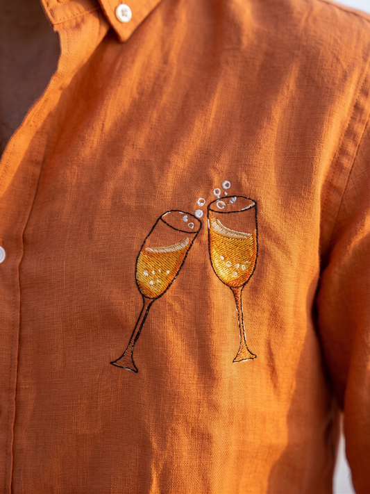 Sunset Orange Embroidered Linen Blend Shirt