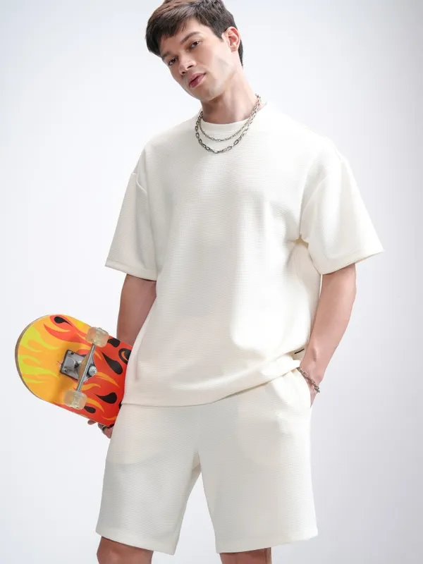 Oversized White Waffle Weave T-shirt & Shorts Combo