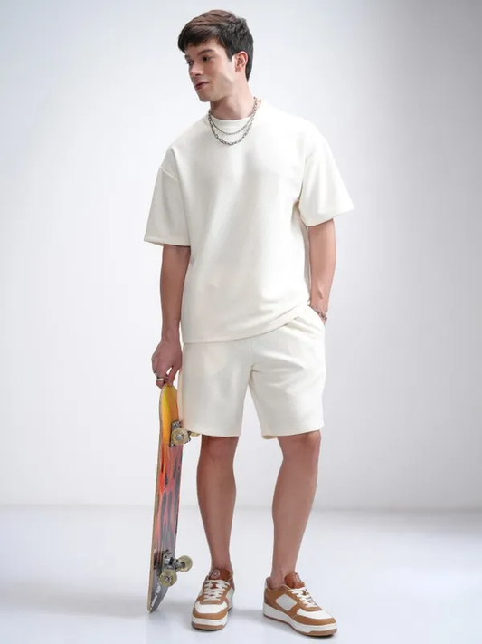 Oversized White Waffle Weave T-shirt & Shorts Combo