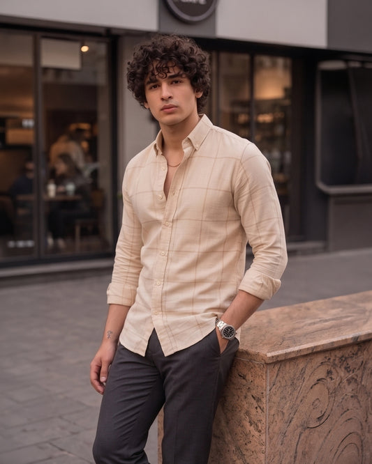 Light Beige Oxford Check Shirt