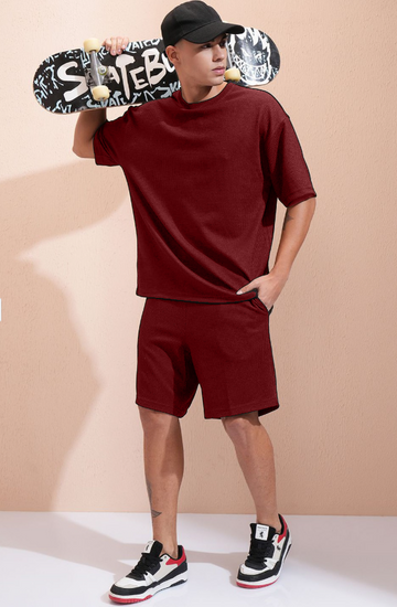 Oversized Maroon Waffle Weave T-shirt & Shorts Combo