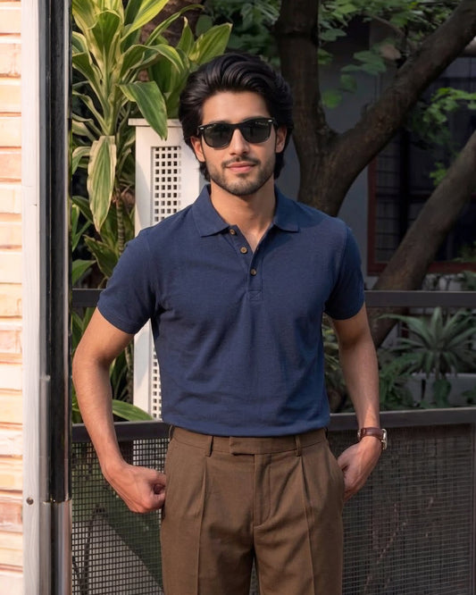 Navy Blue Cotton Polo T-Shirt – Classic Solid Piqué Regular Slim Fit