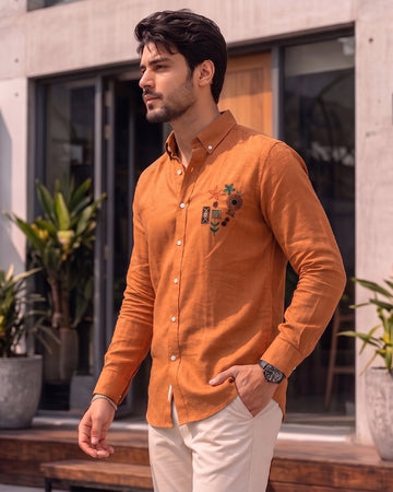 Rust Orange Linen Shirt with Floral Embroidery