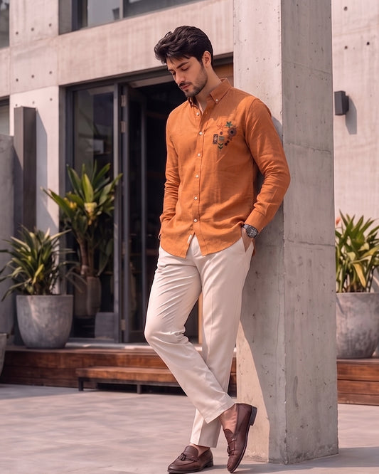 Rust Orange Linen Shirt with Floral Embroidery