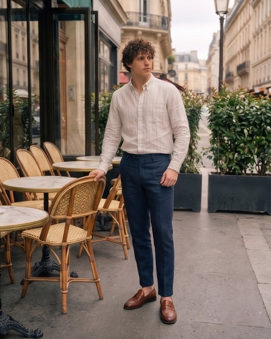 White B/R Striped Sleeve Linen Blend Shirt